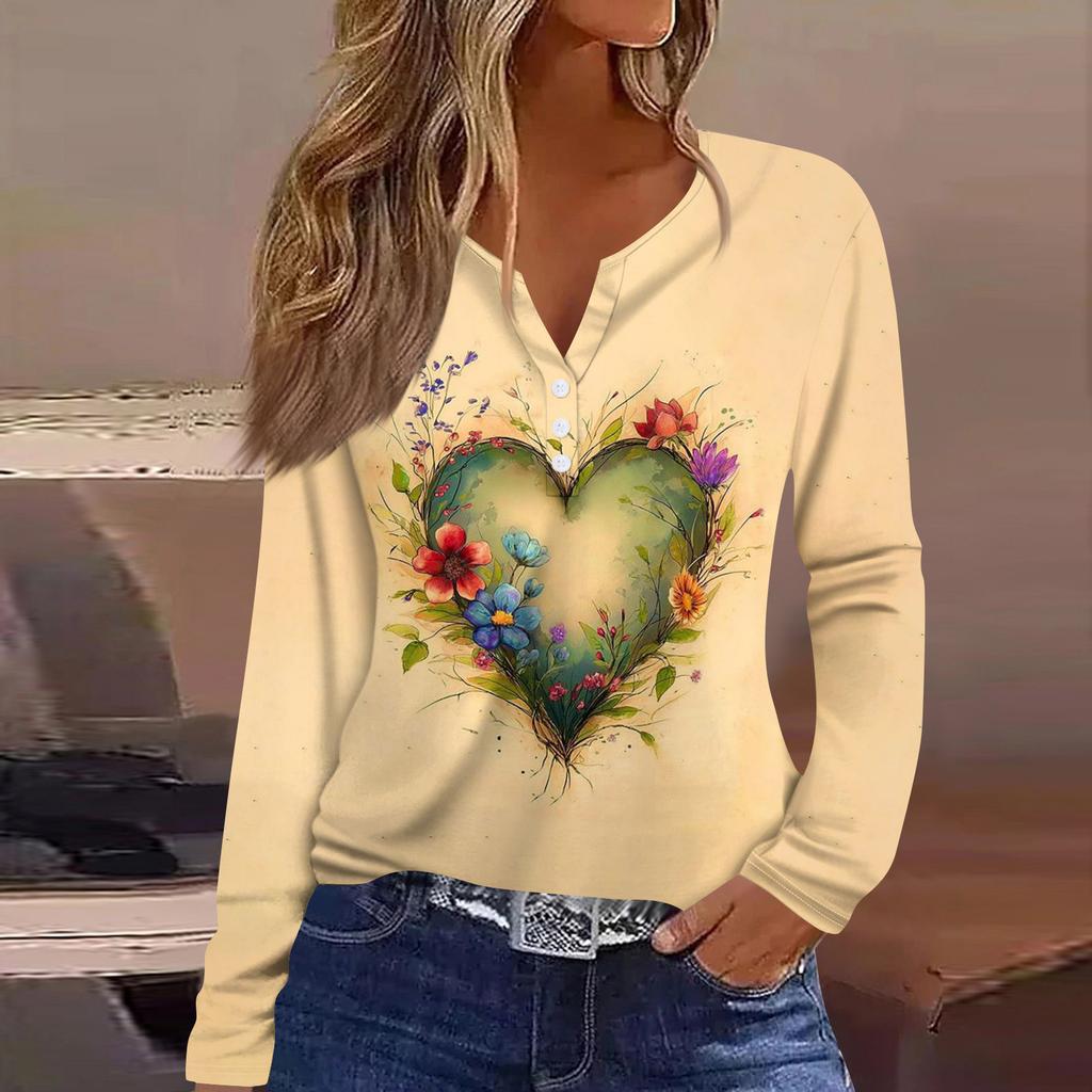 Damen T-Shirt mit V-Ausschnitt, lässig, Blumendruck, langärmelig, zum Zuknöpfen, langärmelig
