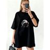 Oversized T Shirt Black Wolf Howling At Moon Graphic Print Casual Streetwear For Women