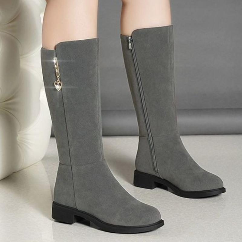 Autumn Winter Elegant with Low Heels Round Toe Rhinestone Ladies Mid Calf Shoes Comfortable Fleece-Lined Women's Half High Boots