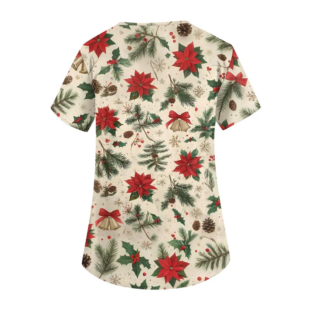 Women's Fashion V-neck Short Sleeve Workwear With Pockets Christmas Printed Tops