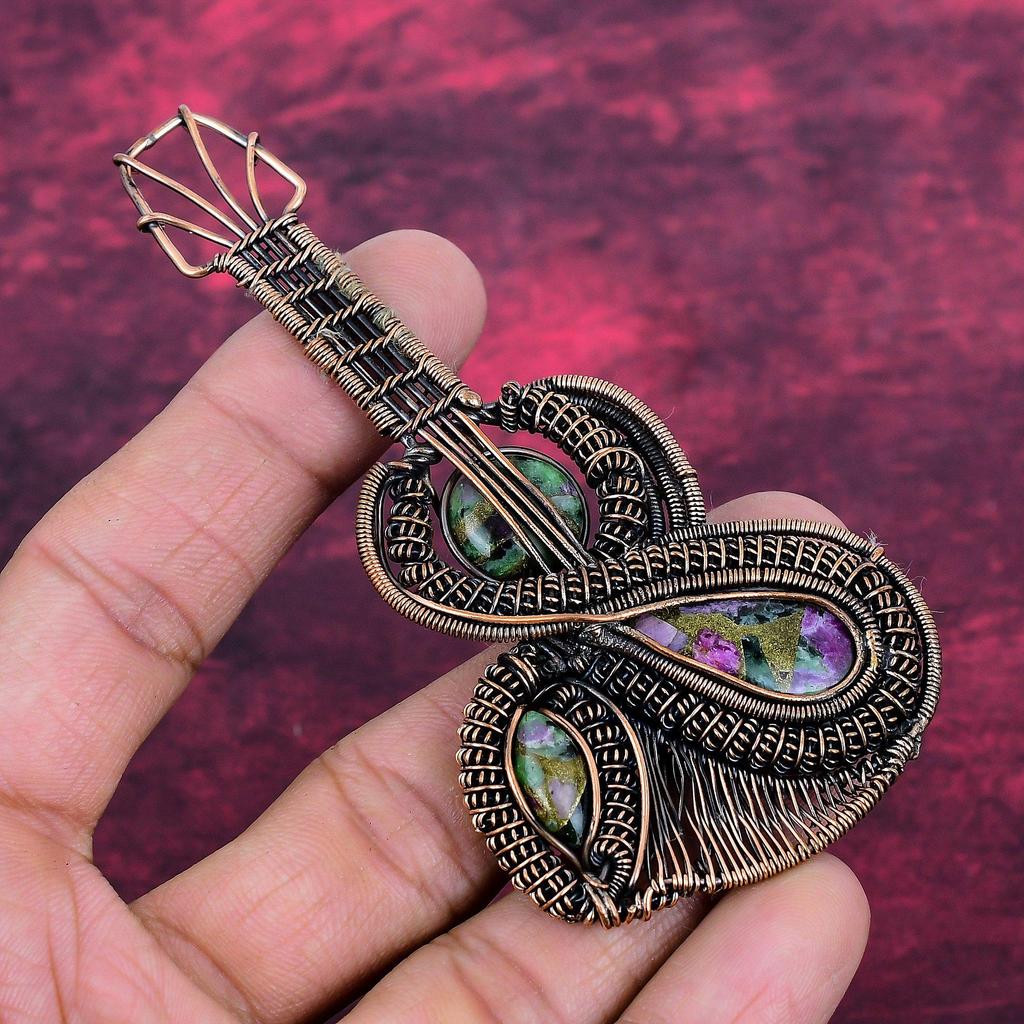 Copper Ruby Zoisite Gemstone Pendant Copper Wire Wrapped Jewelry Guitar Pendant