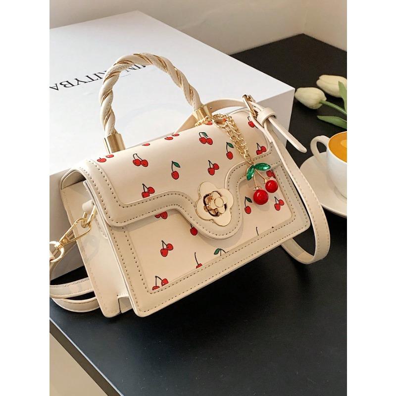

Модная квадратная ПУ-сумка высокого класса, милая сумка через плечо с принтом вишни для шоппинга, свиданий и ношения через плечо, элементы каваии с вишней на День святого Валентина белый