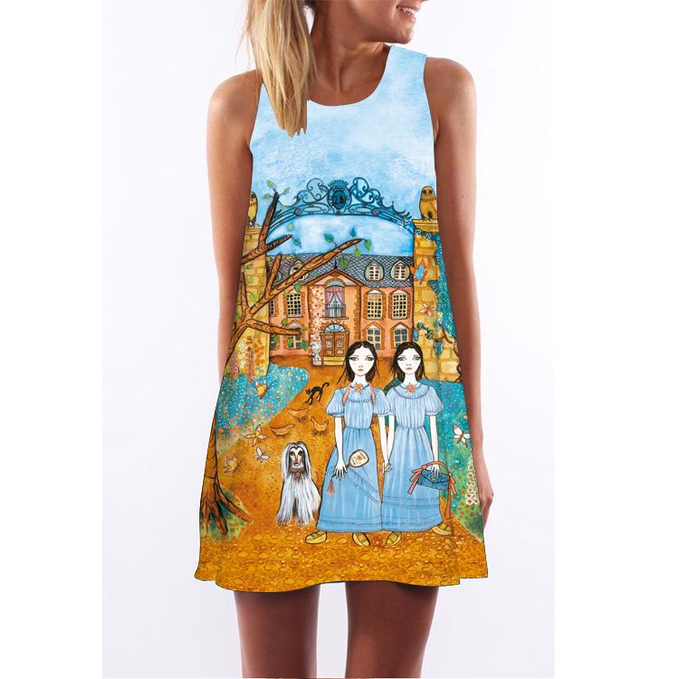 European Station European and American New Retro Digital Printing Round Neck Hot-selling Off-the-shoulder Medium and Long Vest Dress