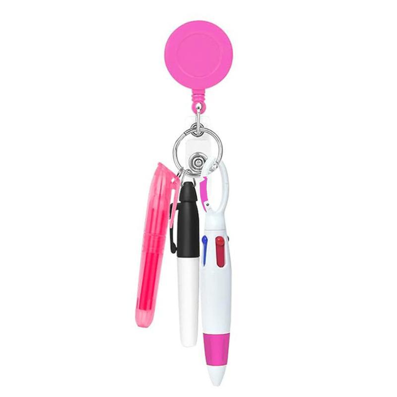 Retractable Badge Reel Pen Set with Highlighter 3-in-1 Ballpoint Pen Portable Multifunctional Stationery for Nurses Office Workers