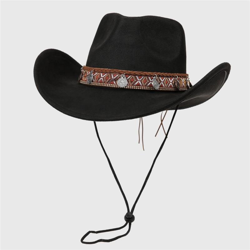 Western Cowboy Hat Wide Brim Sun Outdoor Hiking Camping Jazz Style Unisex Fashionable Suede Cap M 56-58 cm чёрный