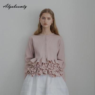 Elegant Fashion Autumn Winter Women Solid Knitting Cardigan White Black Pink Ruffles Patchwork Office Lady Knitted Sweater Sweet Ladies' Warm Coat