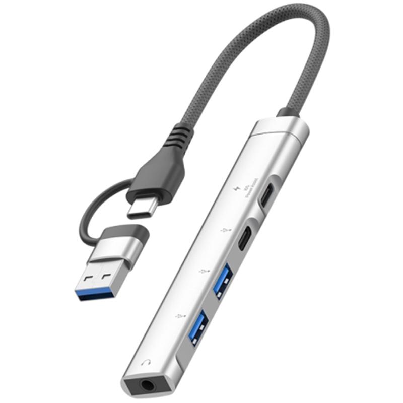 

Type-C/USB-A 5-в-1 USB-хаб Зарядка Type-C+Передача даних Type-C+2xUSB+Адаптер з роз ємом для гарнітури 3,5 мм Silver