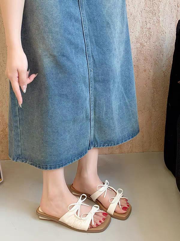 2788-10 Korean Version of Bow Beach Cool Slippers Women's Summer Wear 2025 Summer Wear French Square Toe