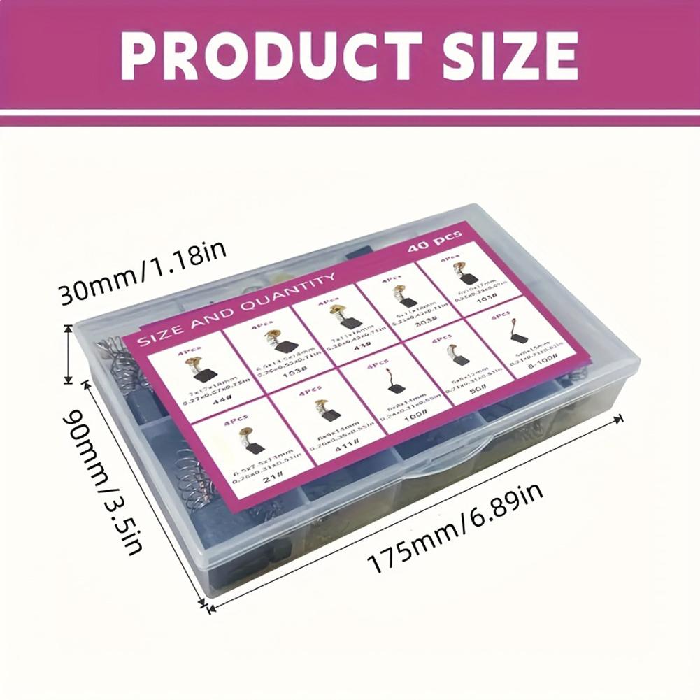 40 Pcs Electric Motor Carbon Brushes Set with 10 Sizes for Replacement Repair Power Tool Part