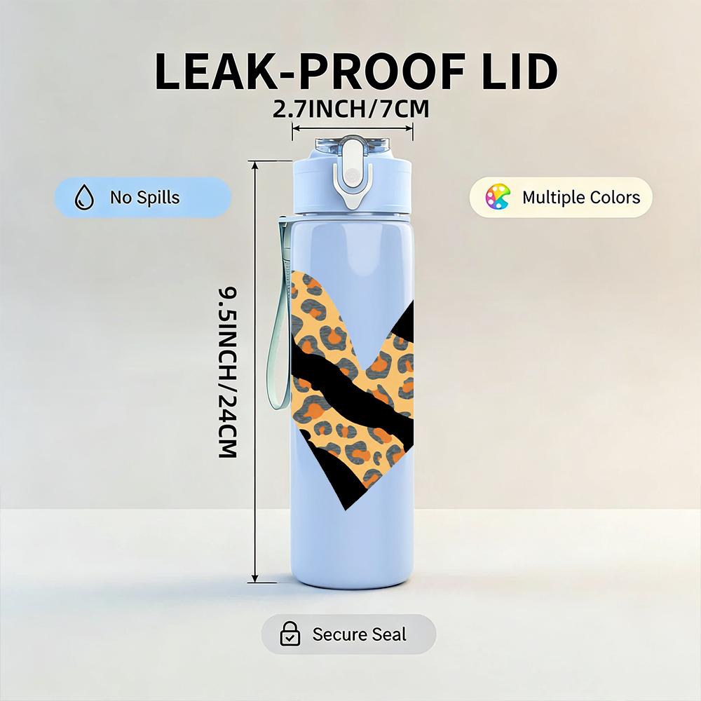 1PC Leopard Print Cutout Love Heart 750ml Color Plastic Sports Water Bottle Leakproof Flip Straw Lid Suitable for Sports Office Home Use