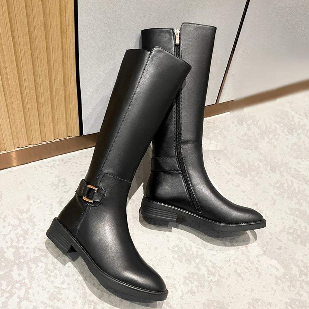 Women's Fashion Boots High Tube Boots Low Heel Motorcycle Boots Zipper Boots