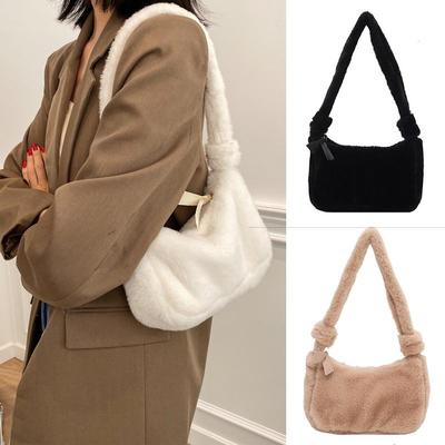 Women Plush Soft Fluffy Fur Winter Underarm Shoulder Bag Solid Color Hobo Bag CLE