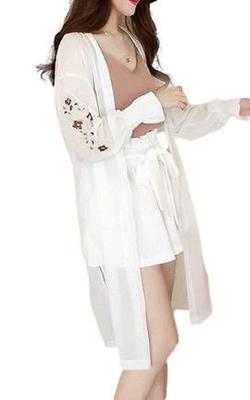 Blumenbestickter Cardigan-Kittel Größe [1/2stil] Damen Durchsichtig (Weiß, L)
