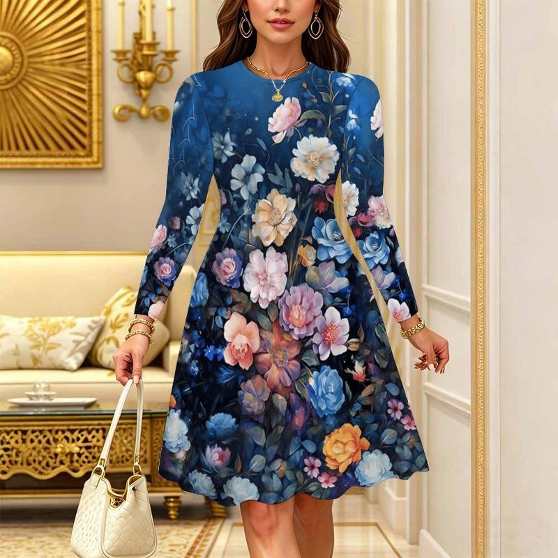 Women's Bohemian Casual Midi Dress Print Round Neck Long Sleeve A Line Loose Swing Dresses