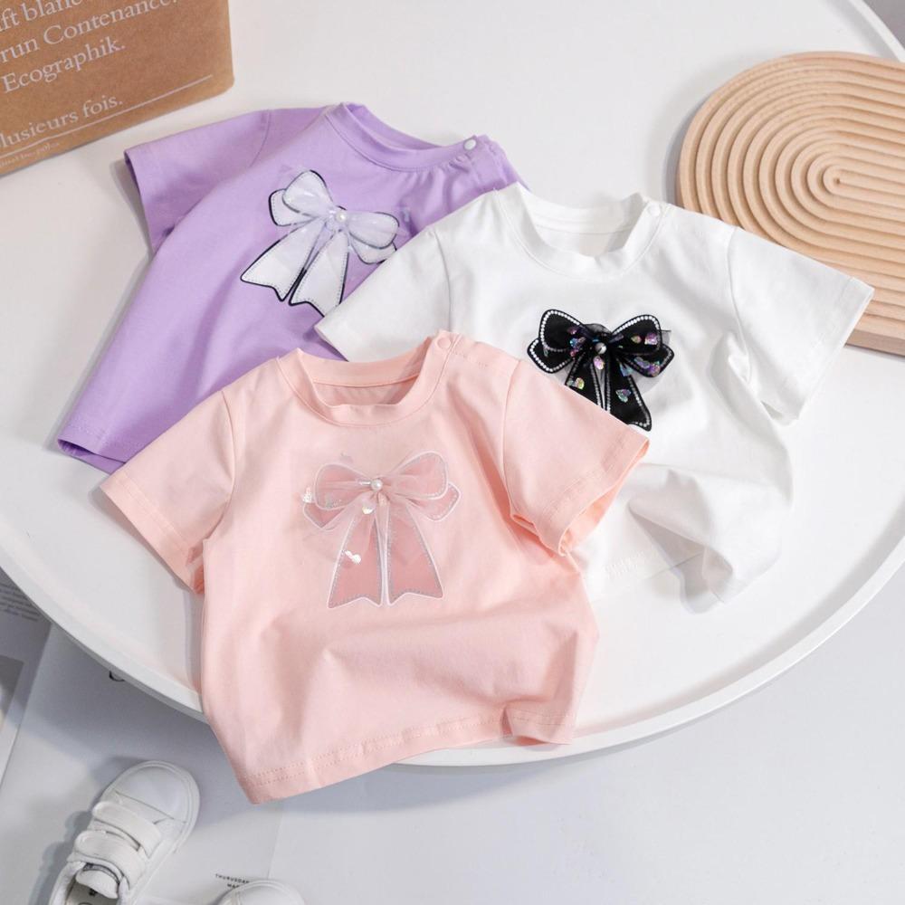 

Girls Summer Short Sleeved Candy Colored Simple Bow Children s Short Sleeved Sweet T-shirt 140/8T фіолетовий