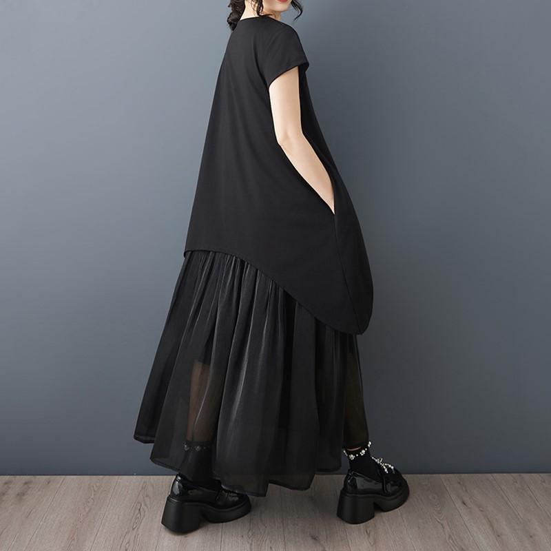 Short Sleeve Plus Size Black Mesh Patchwork Vintage New In Dresses for Women Casual Loose Long Summer Dress