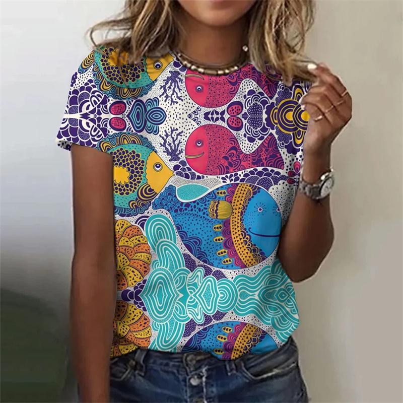 3D Printed Colorful Deer T Shirt for Women Abstract Geometry Graphic Short Sleeves Summer Street O-Neck Tees Tops Loose T-Shirts
