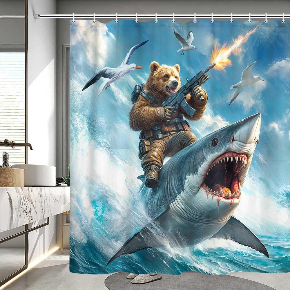 Lustiger Cooler Bär Reitet auf Hai Duschvorhang Blaues Meer Sommer Spaß Tier Strand Nautisch Stoff Badezimmer Dekor Vorhanghaken