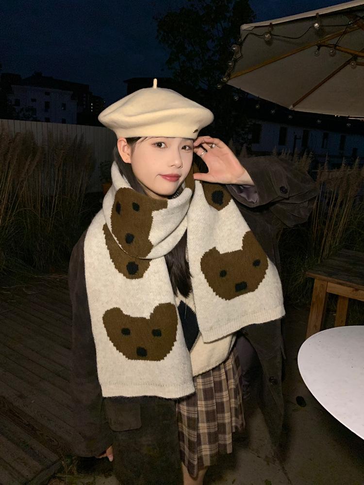Blended Cute Cartoon Knitted Puppy Scarf Women's Autumn and Winter Thickened Warm Fashion Long Cold Scarf