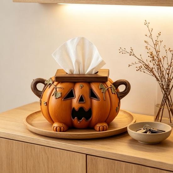 Novelty Home Accessory Halloween Pumpkin Tissue Box Holder, Resin Decorative Facial Funny Face Functional Fall Decoration Cover for Office