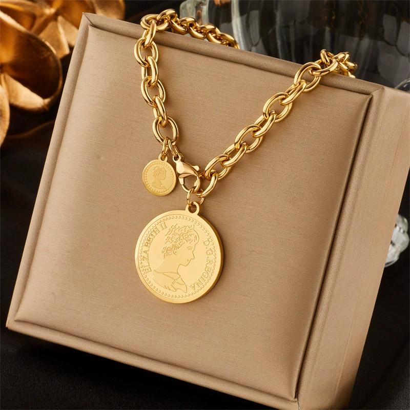 18K Gold Plated Queen Elizabeth Coin Necklace, Double Medallion Pendant with Paperclip Chain, Vintage Stainless Steel Jewelry