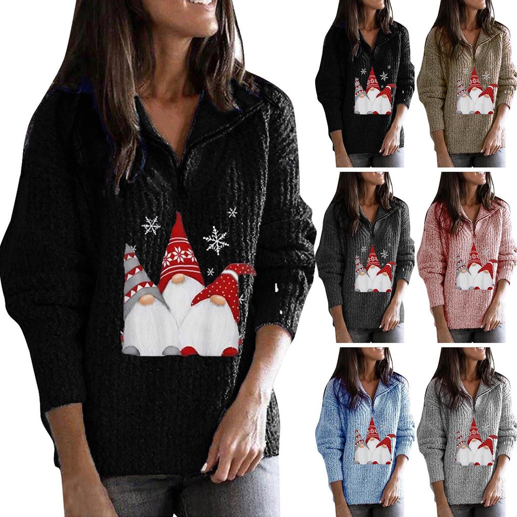 Women's Fashion Loose Warm Festive Christmas Print Zipper Long Sleeve Knitted Sweater Women's Sweater