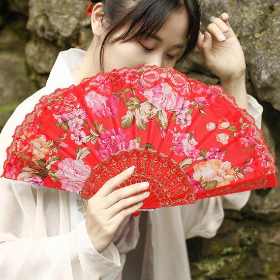 Éventail pliant Vintage en dentelle, motif de fleur de pivoine, éventail de danse chinoise portatif, main d'été pour la photographie et les événements de danse