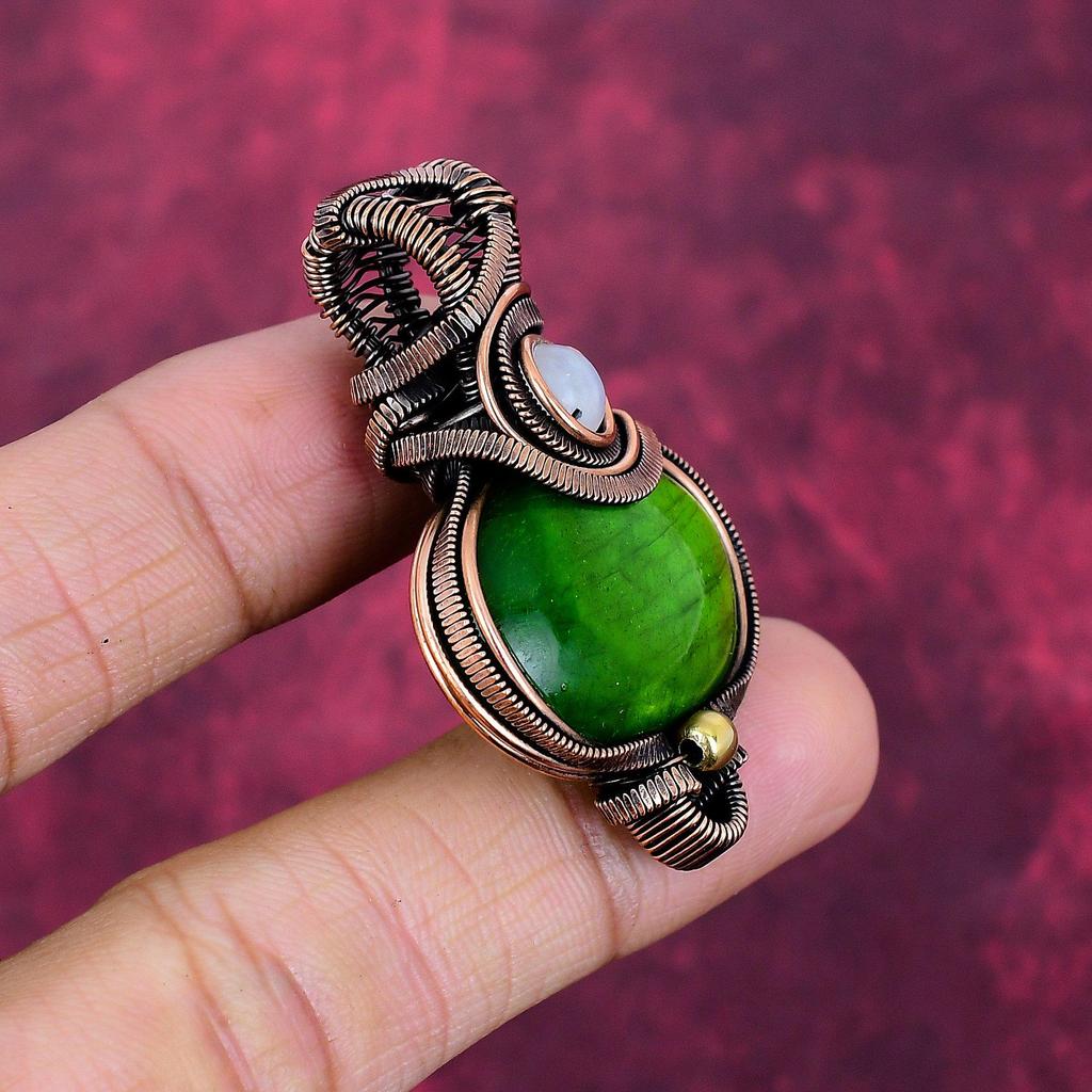 Green Fire Labradorite Pendant Copper Wire Wrapped Rainbow Moonstone Jewelry