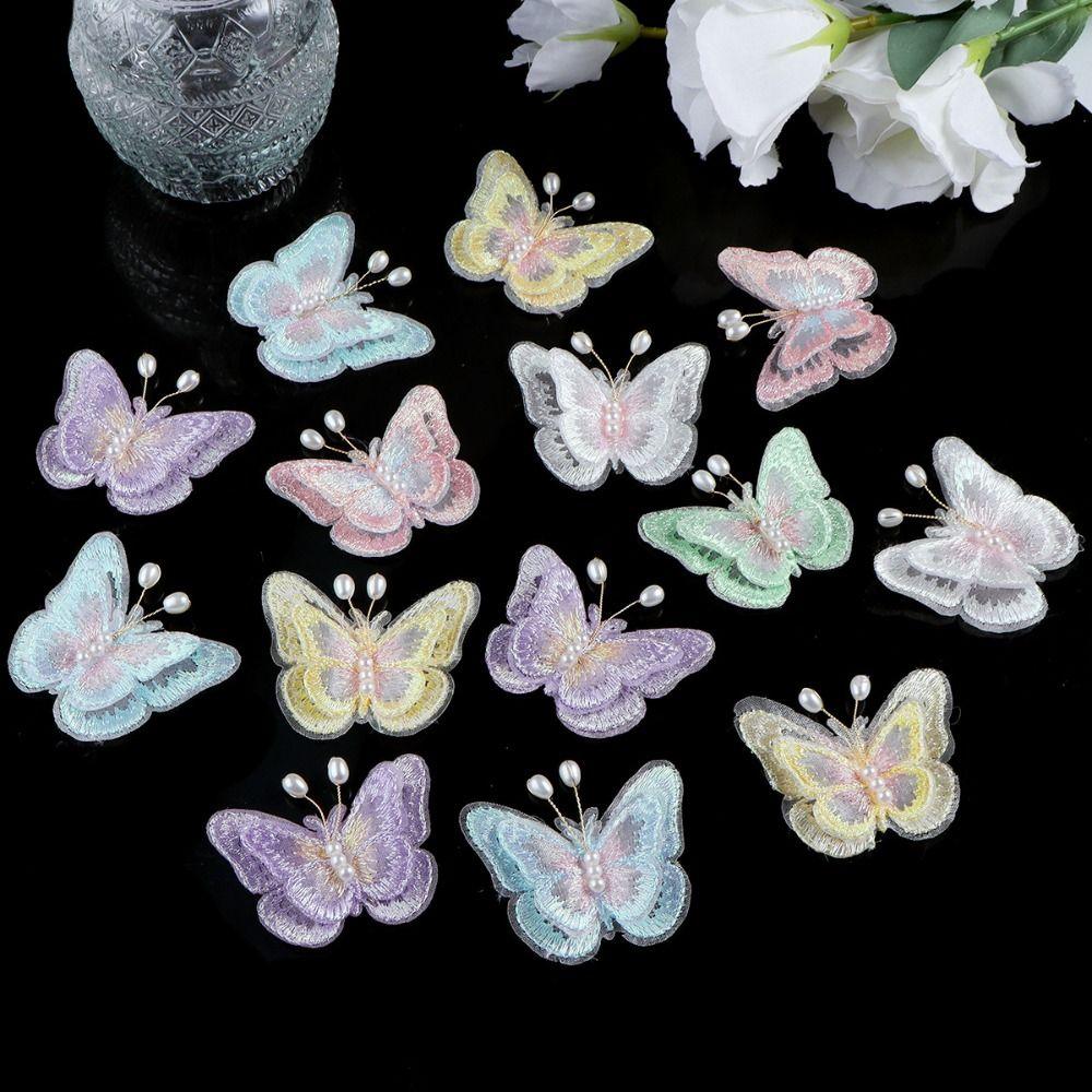 10Pcs 3D Mesh Pearl Butterfly Appliques Double-layer Chinese Style Butterfly Embroidered Patches Cloth