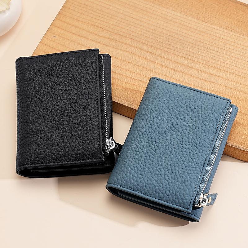 Leather Japanese Wallet Women's Three-fold Credit Card Bag Folding Card Clip Cowhide Lychee Pattern Zipper Change Bag Women