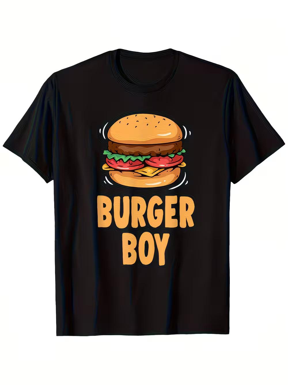 Men s Burger Boy Graphic T-Shirt - Black Casual Short Sleeve Tee with Bold Burger Print S