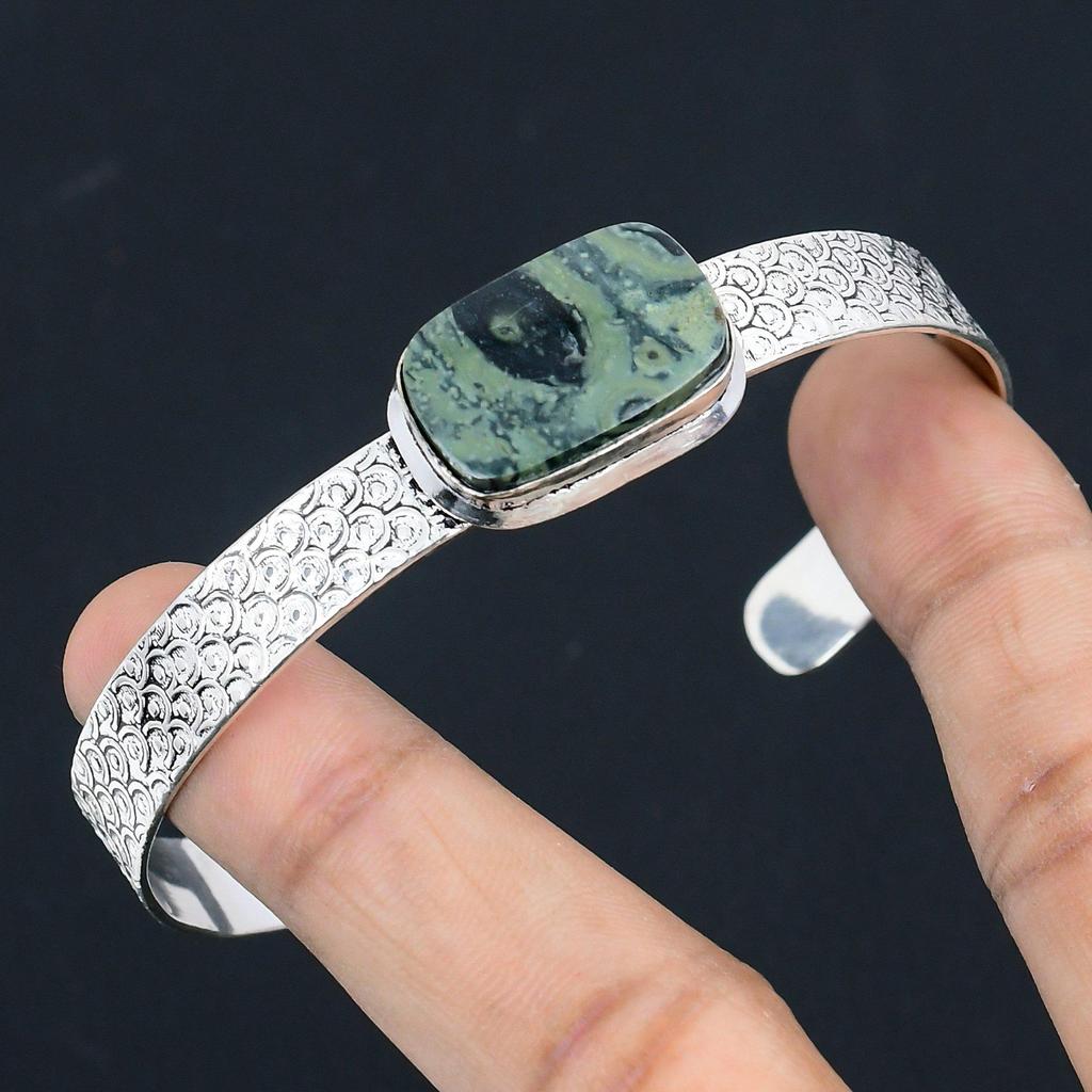 Natural Kambaba Jasper Gemstone Bangle Adjustable 925 Sterling Silver For Girls