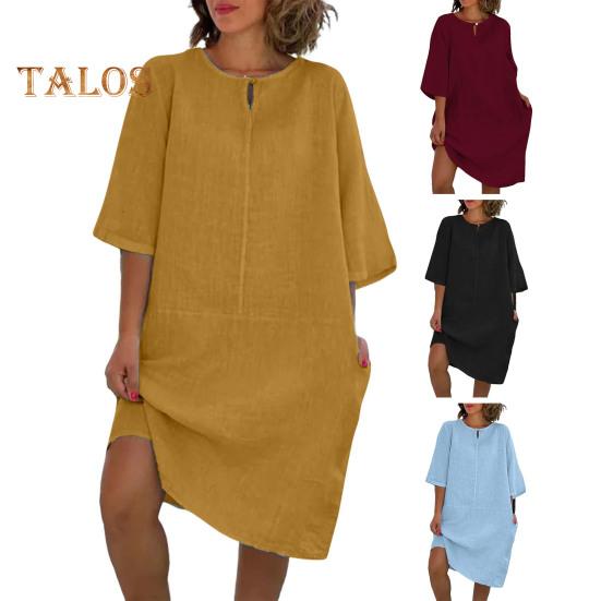 Rochie de vară pentru femei, cu mânecă lungă, cu guler rotund, stil midi, stil vară, vacanță, plajă, rochie de vară