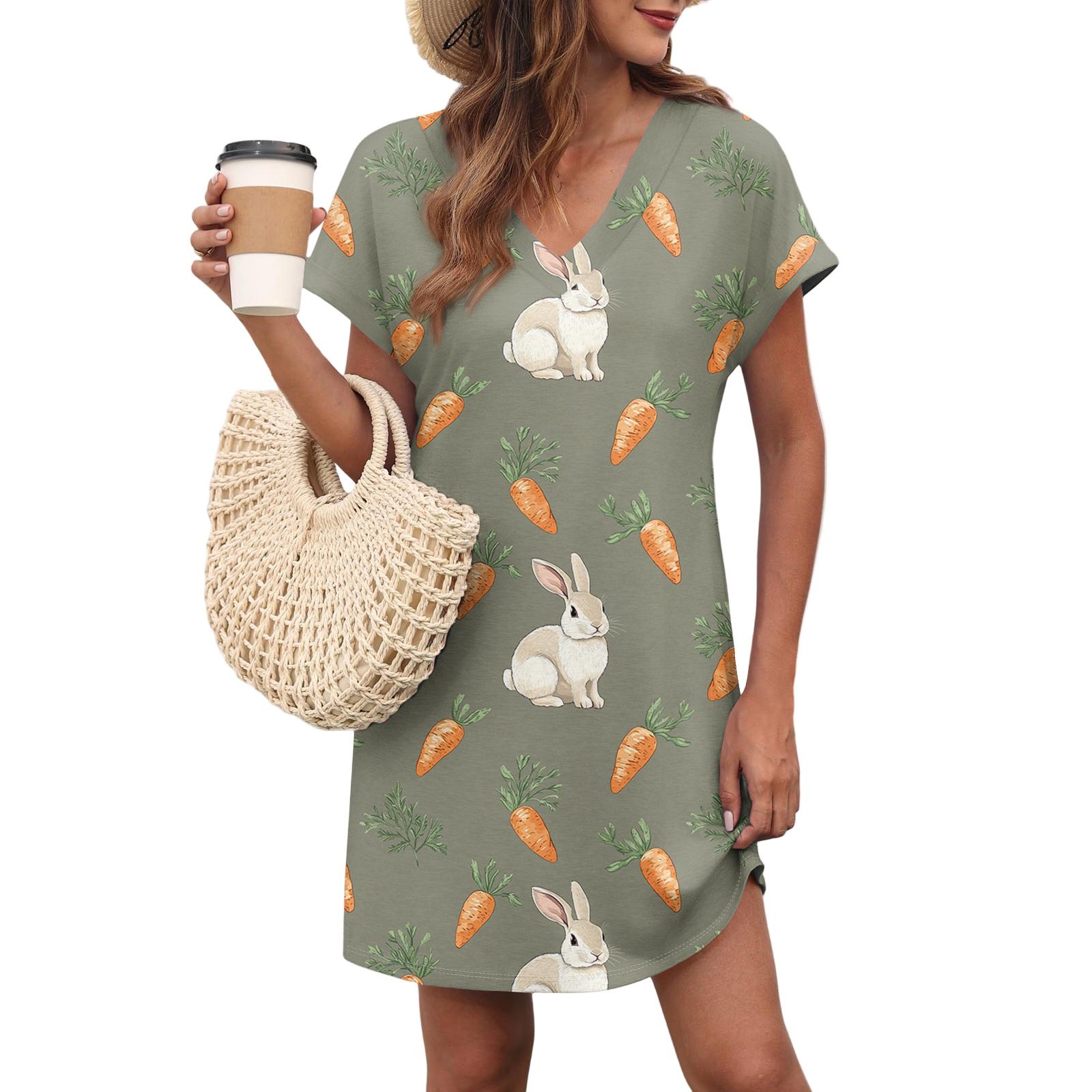 Women s Casual Fashionable Sexy V-Neck Covered Sleeves Belted Pocket Easter Print Dress M