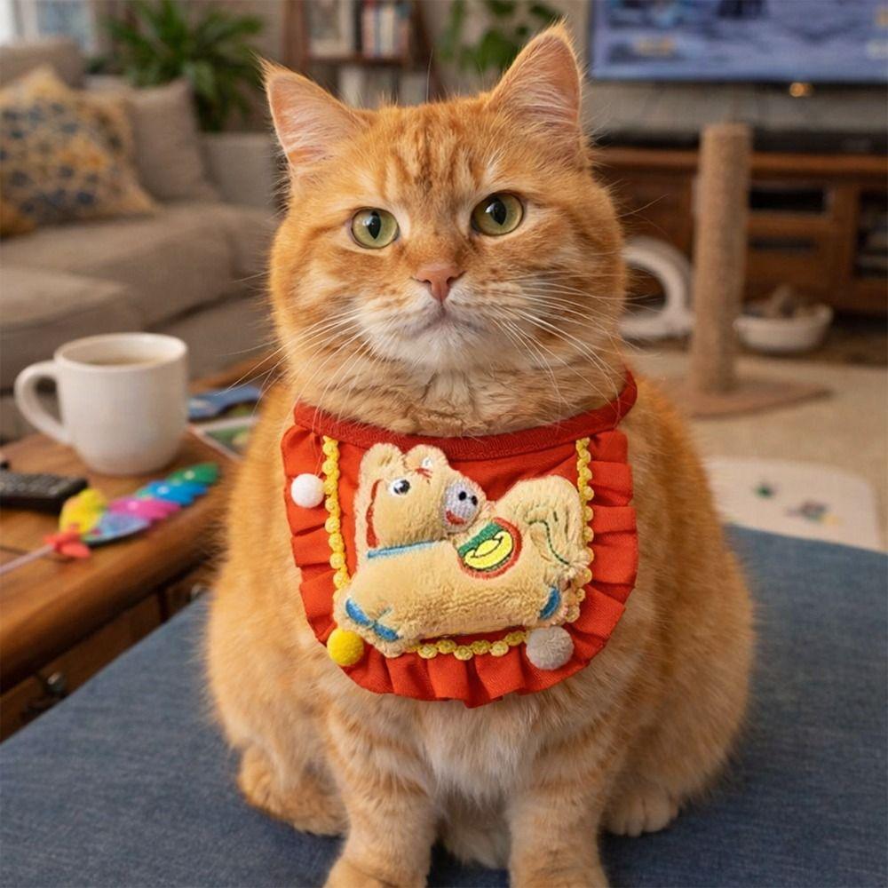 Chinese Style New Year Cat Collar Cartoon Horse Pattern Dog Scarf Adjustable Warm Cat Drool Towel New Year Celebration
