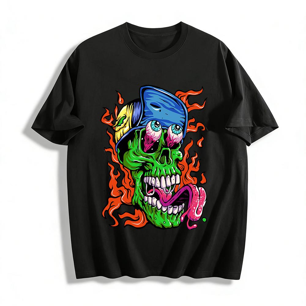 

Green Skull Tongue Out Print Streetwear Casual Top Pure cotton T-shirt XXS