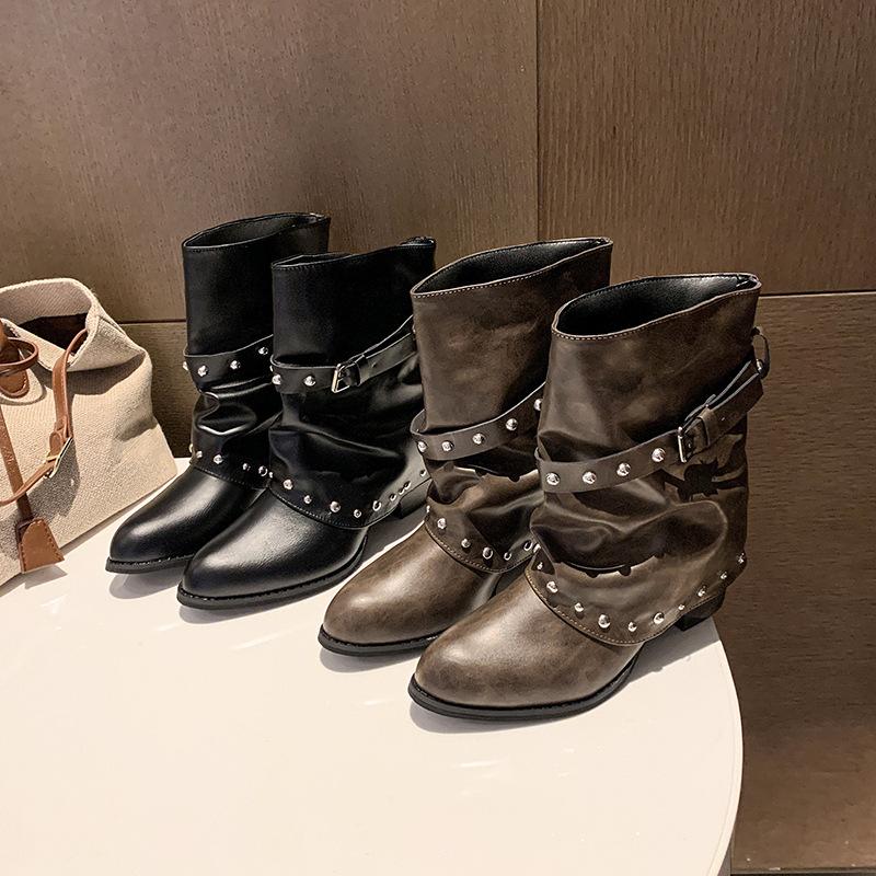 Pointed rivet short boots women's summer new black belt buckle stacking boots retro knight boots western style