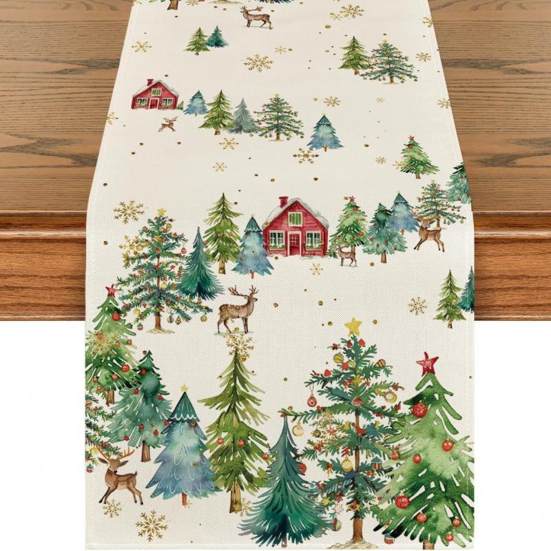Festive Snowman Christmas Tree Table Runner Home Kitchen Dining Tablecloth for Party Decoration
