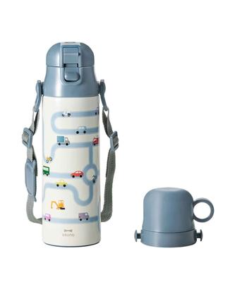 BRUNO Light 2-Way Kids' Water Bottle, 580ml, Insulated, ColdHot, Strap, Cup, Direct Drinking, One-Touch Stopper, Lightweight, Cute, for Kids, Blue,