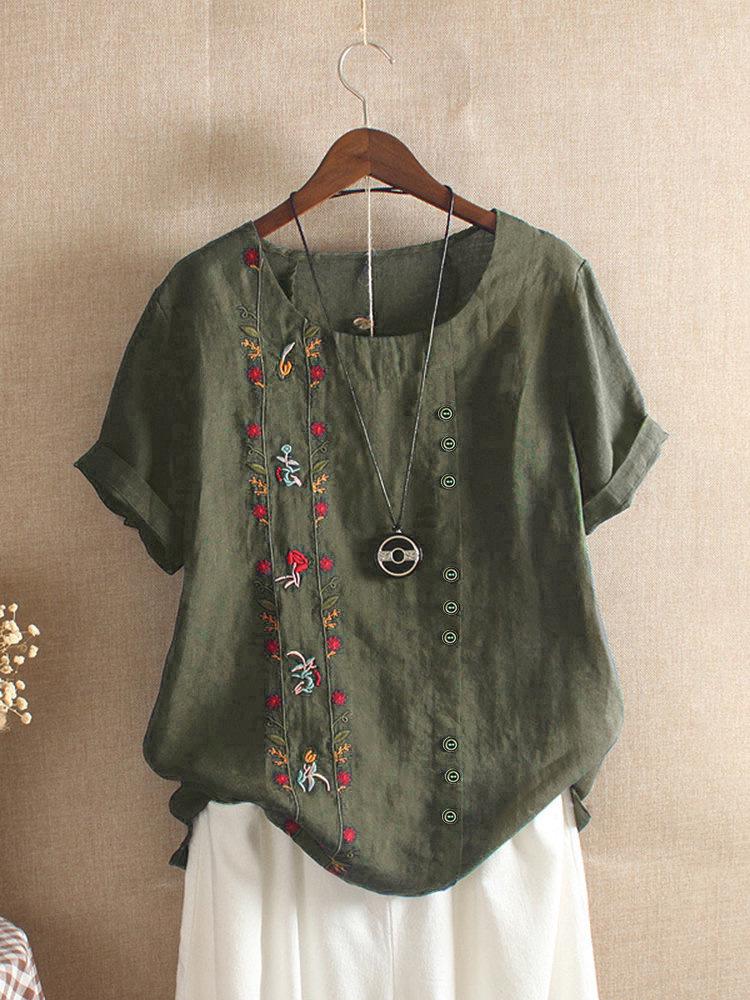 

Летняя женская модная футболка с вышивкой из хлопка и льна с коротким рукавом - Корейская мода 3XL армия зеленый