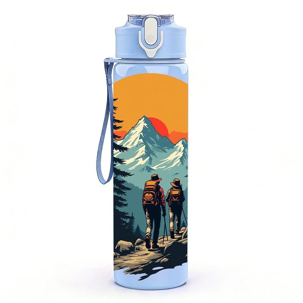 1PC Mountain Forest Sunset Camping Print 750ml Color Plastic Sports Water Bottle Leakproof Flip Straw Lid Suitable for Sports Office Home Use