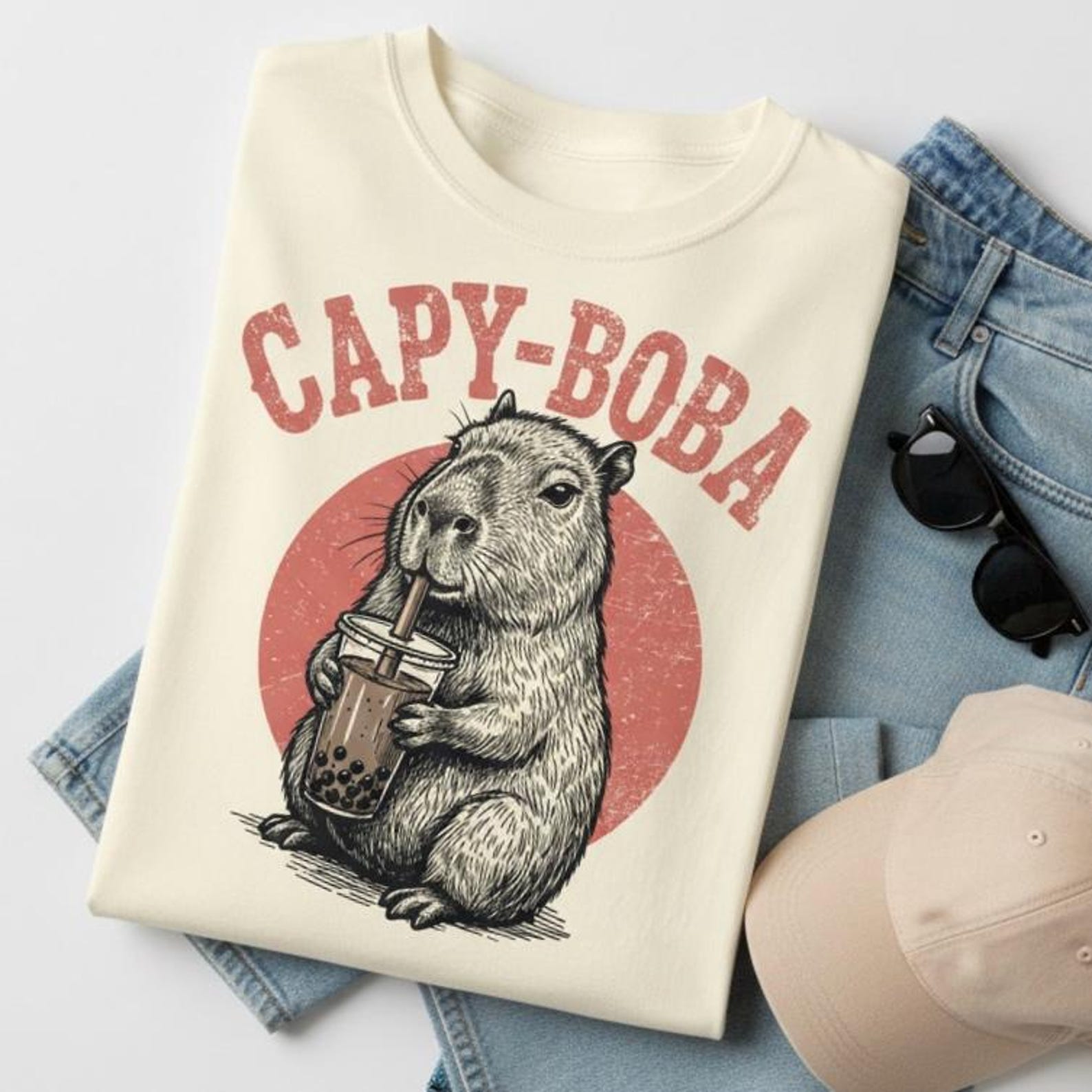 Boba Tea Capybara Shirt, Cute Capybara Drinking Bubble Tea Shirt, Bubble Tea Capybara vintage style T-shirt L