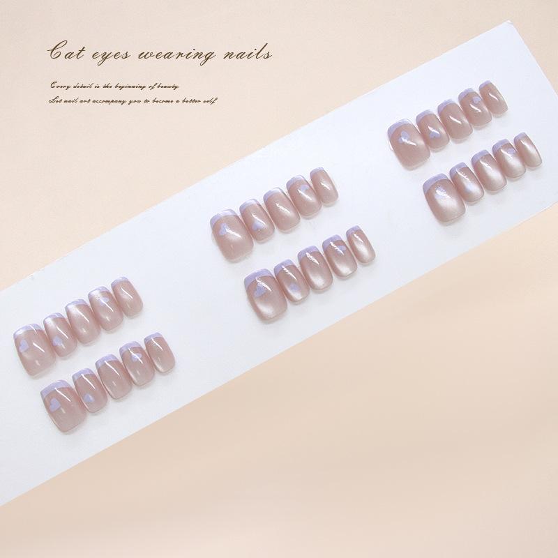 Handmade Prefabricated Nail Milk Taro French Love Cat's Eye Temperament Gentle Girl Ins Style Removable Nail Art