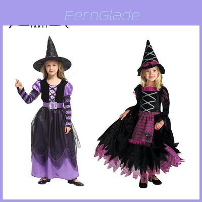 Prachtig heksenpak voor kinderen voor Halloween, gemaakt van zijdezachte stof met verfijnde details.