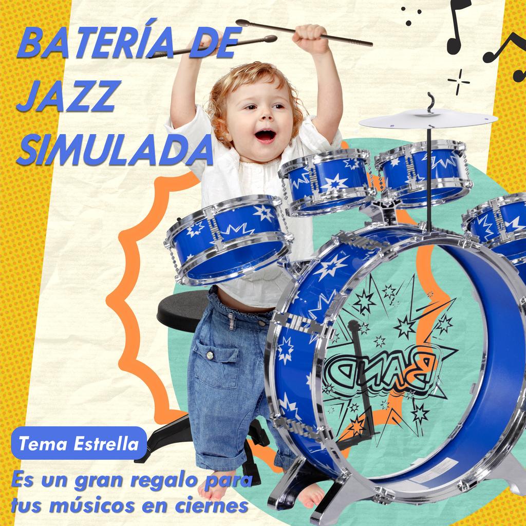Drum Set for Children +3 Years with Drums, Bass Drum, Cymbal, Pedal and Drumsticks Star Theme Design 65x22x57 cm Blue