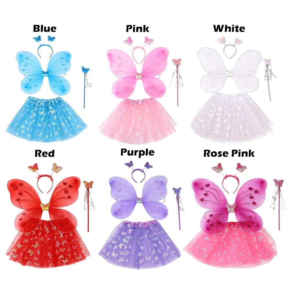 4Pcs/Set Fairy Princess Costume Puff Skirt Butterfly Wings Butterfly Wing Set Tutu Skirt Headband Princess Party Costume