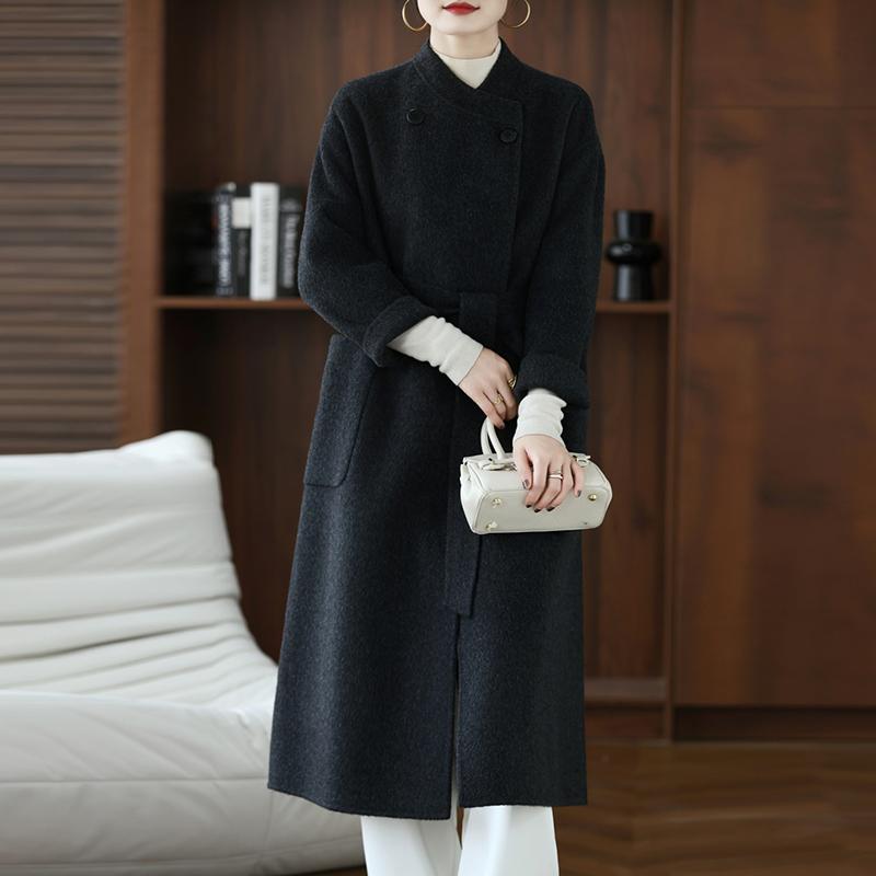 100% Wool Women Coat TIDENOVEL Autumn Wool Long Coat Handmade Pea Coat Winter Warm Wool Long Jacket Overcoat