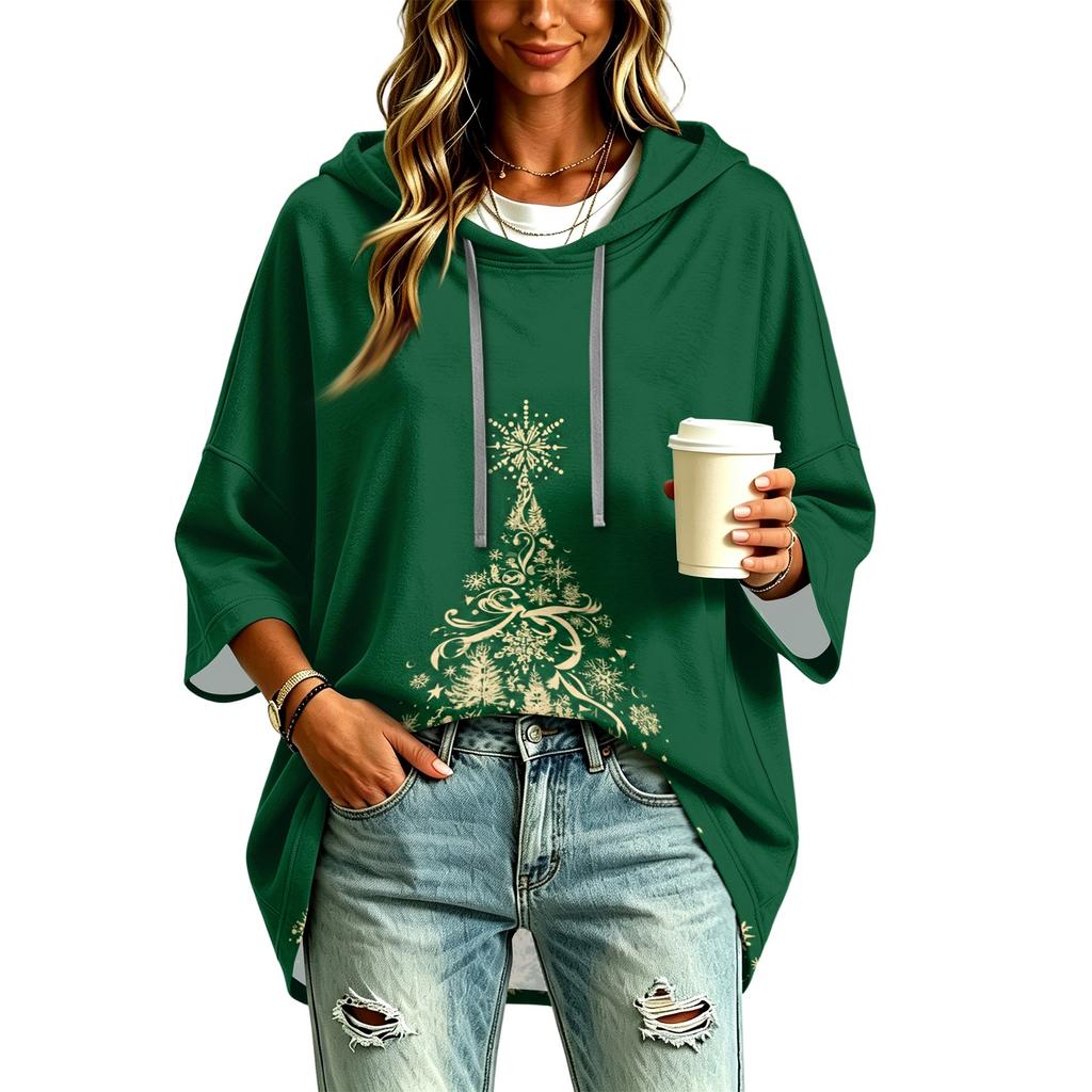 Women's Christmas Print Hooded Pullover Top with Three-Quarter Sleeves