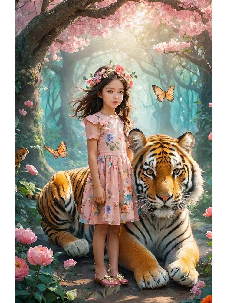 

Лесной тигр и девочка 5DDIY Алмазная картина Картина вышивка крестом Алмазная вышивка Мозаика Животное Девушка Украшение для дома Full Round 20x30CM