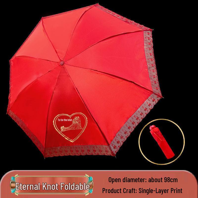 Eleganter roter Brautschirm mit gestickter Spitzkante und langem Griff für Hochzeiten